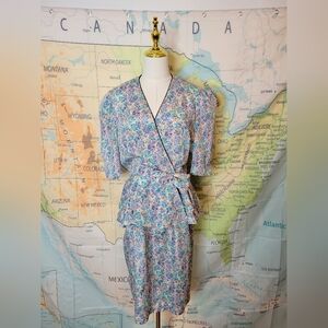 Vintage 1980s  JT Dress Floral Wrap Dress with Blue and Pink Accents Size 10